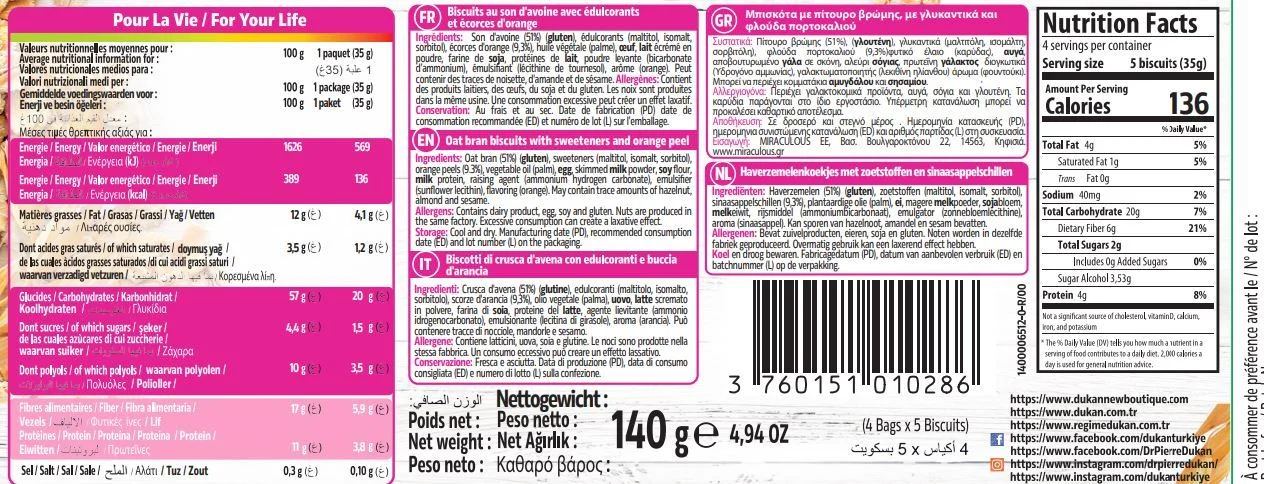 Lot de 4 biscuits saveur écorces d&rsquo;Orange 132 g – 4×4 biscuits – NOUVELLE RECETTE – NOUVEAU FORMAT